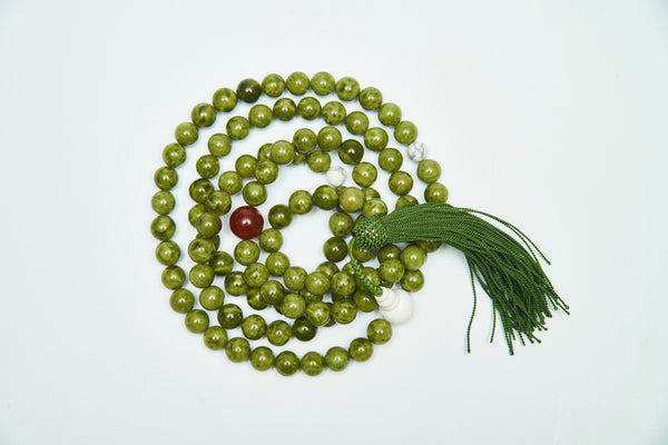 Green original stone with white tridacna ;white turquoise ; red agate Prayer beads